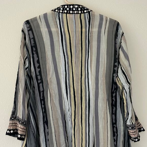 Anu shift tunic striped 3/4 sleeve beaded neckline lightweight vacation boho L - Picture 11 of 12